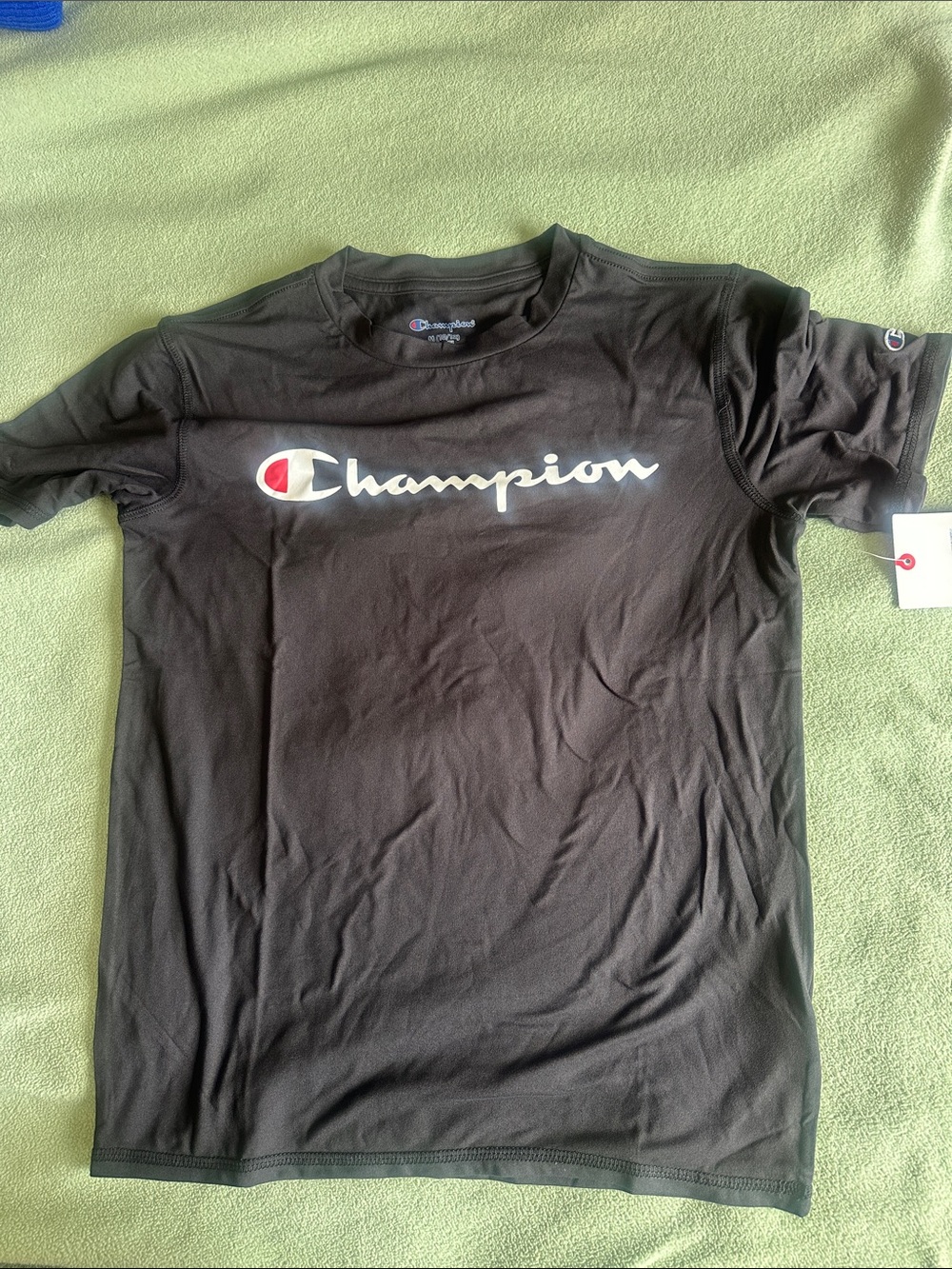 Champion Black Short Sleeve Tee with White Script and Red Logo